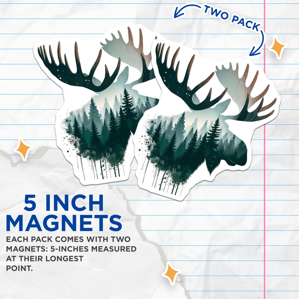 (2 Pack) Moose Magnets - Forest Silhouette Art - Nature Lover Decor - 5" On Longest Side - Premium Magnet - for Cars, Refrigerators, Toolboxes, Lockers - Made in USA - MAG15784