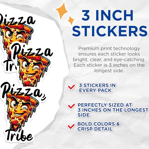 (3 Pack) Pizza Tribe Decals - Funny Pizza Decal - Cartoon Food Decal - 3 Inches On Longest Side - Easy Peel & Apply - Made in USA - 3MCS7547