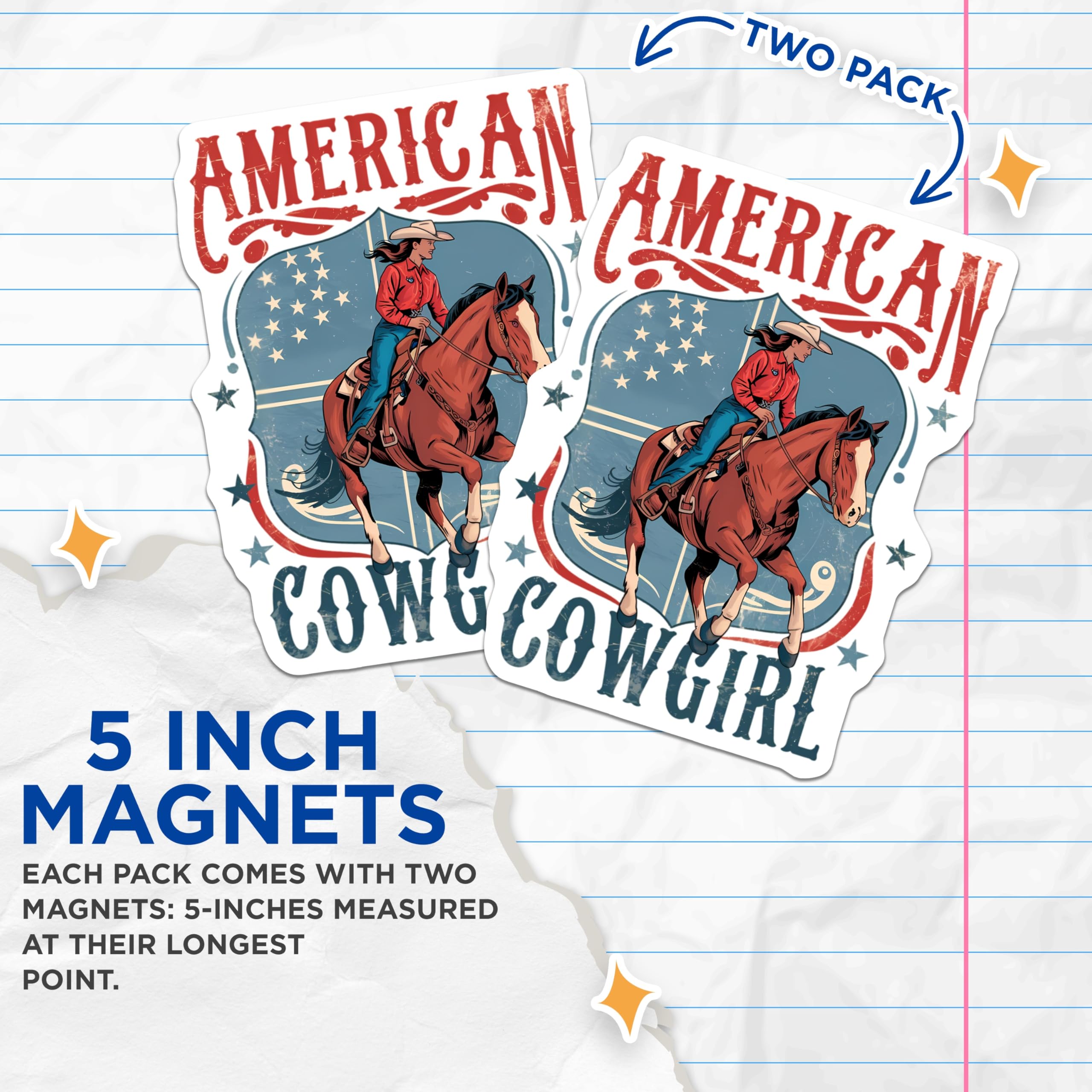 (2 Pack) American Cowgirl Magnets - Western Horse Riding Decor - Patriotic Country Spirit - Farmhouse Refrigerator Accessory - 5 Inches On Longest Side - Thick Durable Magnet - Made in USA - MAG21115