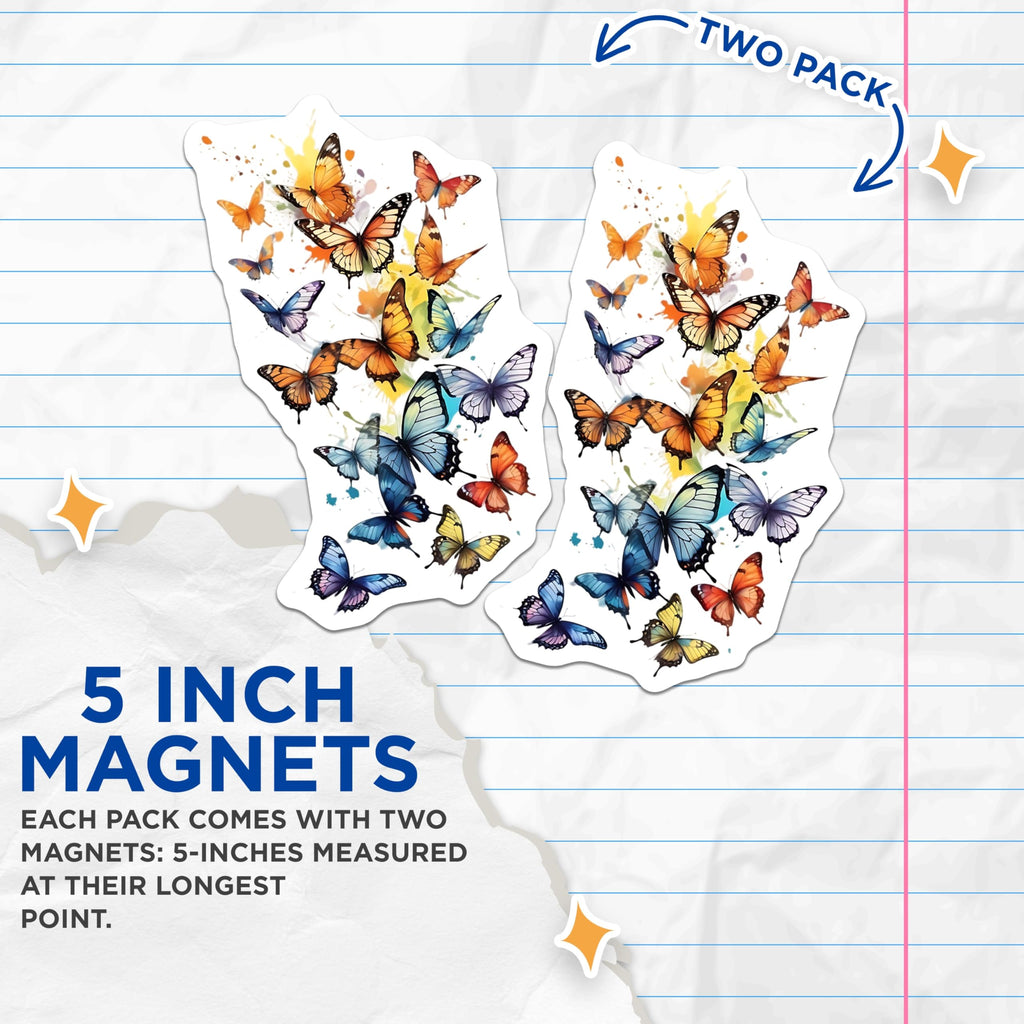 (2 Pack) Butterfly Magnets - Colorful Butterflies - Fridge Magnets - 5" On Longest Side - Premium Magnet - for Cars, Refrigerators, Toolboxes, Lockers - Made in USA - MAG15966