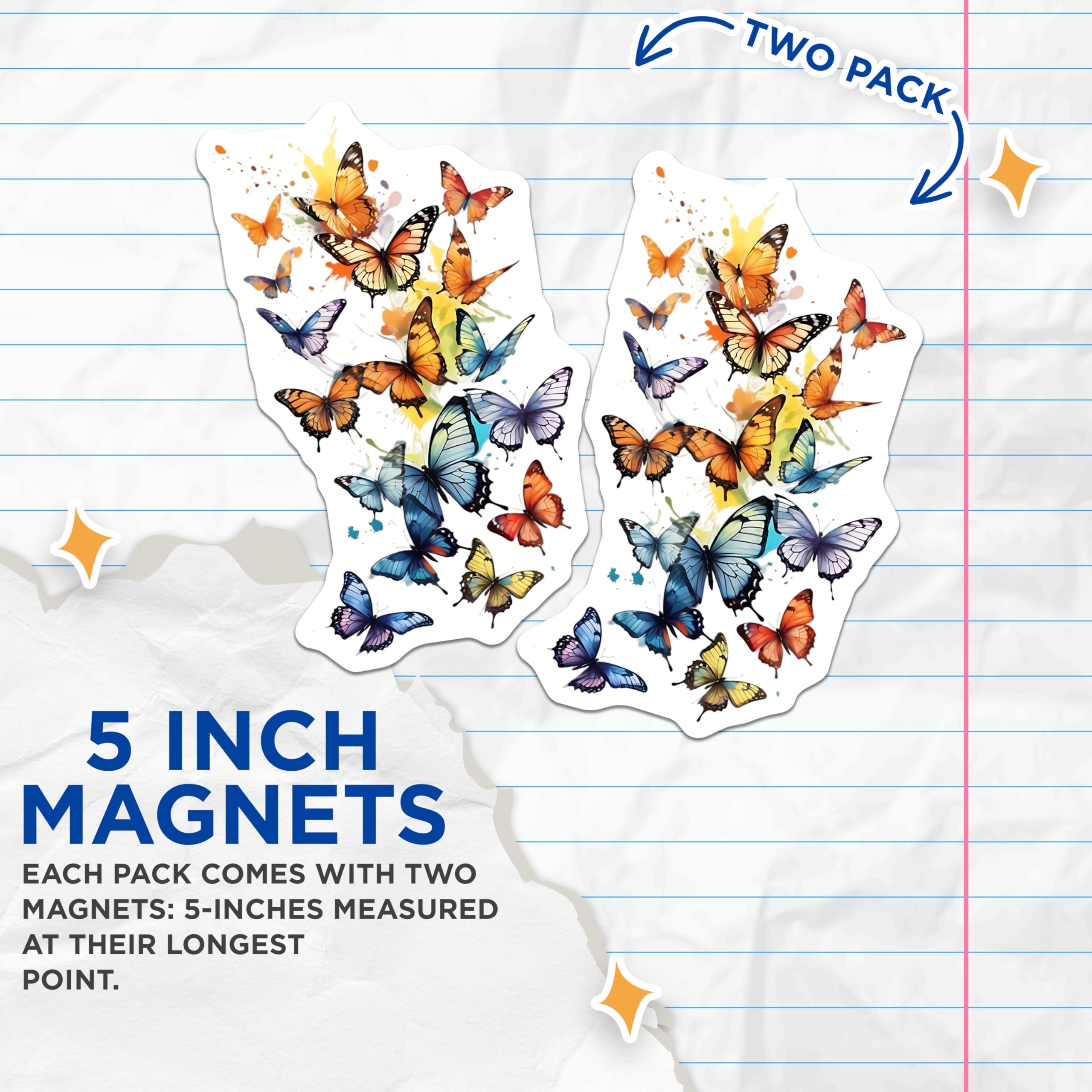 (2 Pack) Butterfly Magnets - Colorful Butterflies - Fridge Magnets - 5" On Longest Side - Premium Magnet - for Cars, Refrigerators, Toolboxes, Lockers - Made in USA - MAG15966