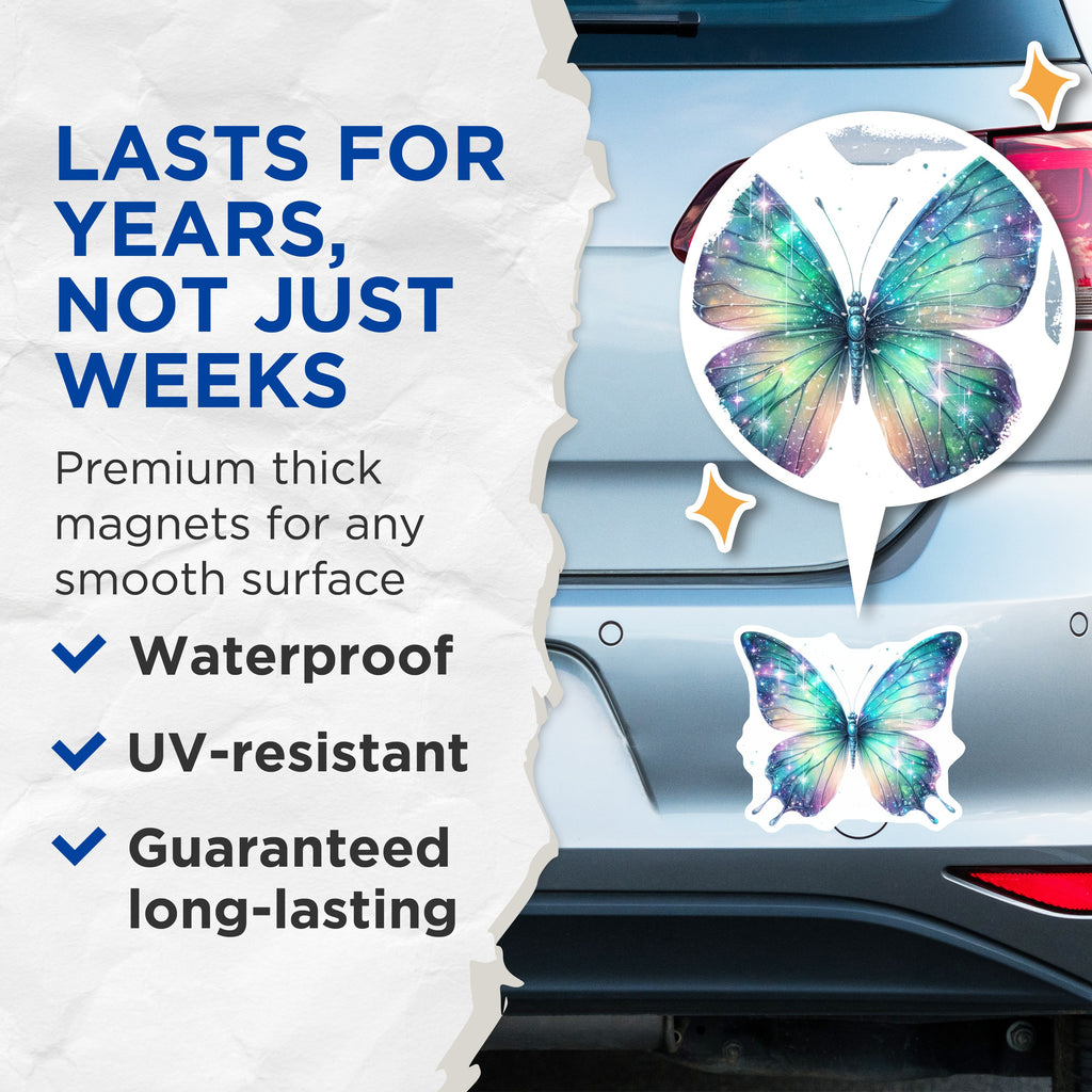 (2 Pack) Galaxy Butterfly Magnets - Celestial Fridge Decor - Cosmic Art Locker Decor - Iridescent Fairycore Decor - 5 Inches On Longest Side - Thick Durable Magnet - Made in USA - MAG38274
