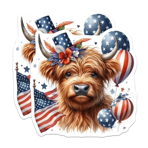(2 Pack) Cute Highland Cow Stickers - Patriotic Highland Cow - Animal Lover Stickers - Fun Decorative Stickers - 5" On Longest Side - Sticks to Smooth Flat Surfaces - Made in USA - BMCS6331
