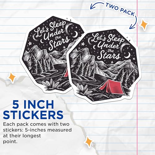 (2 Pack) Let's Sleep Under The Stars Stickers - Mountain Camping Stickers - Outdoor Adventure Stickers - 5" On Longest Side - Sticks to Smooth Flat Surfaces - Made in USA - BMCS4067