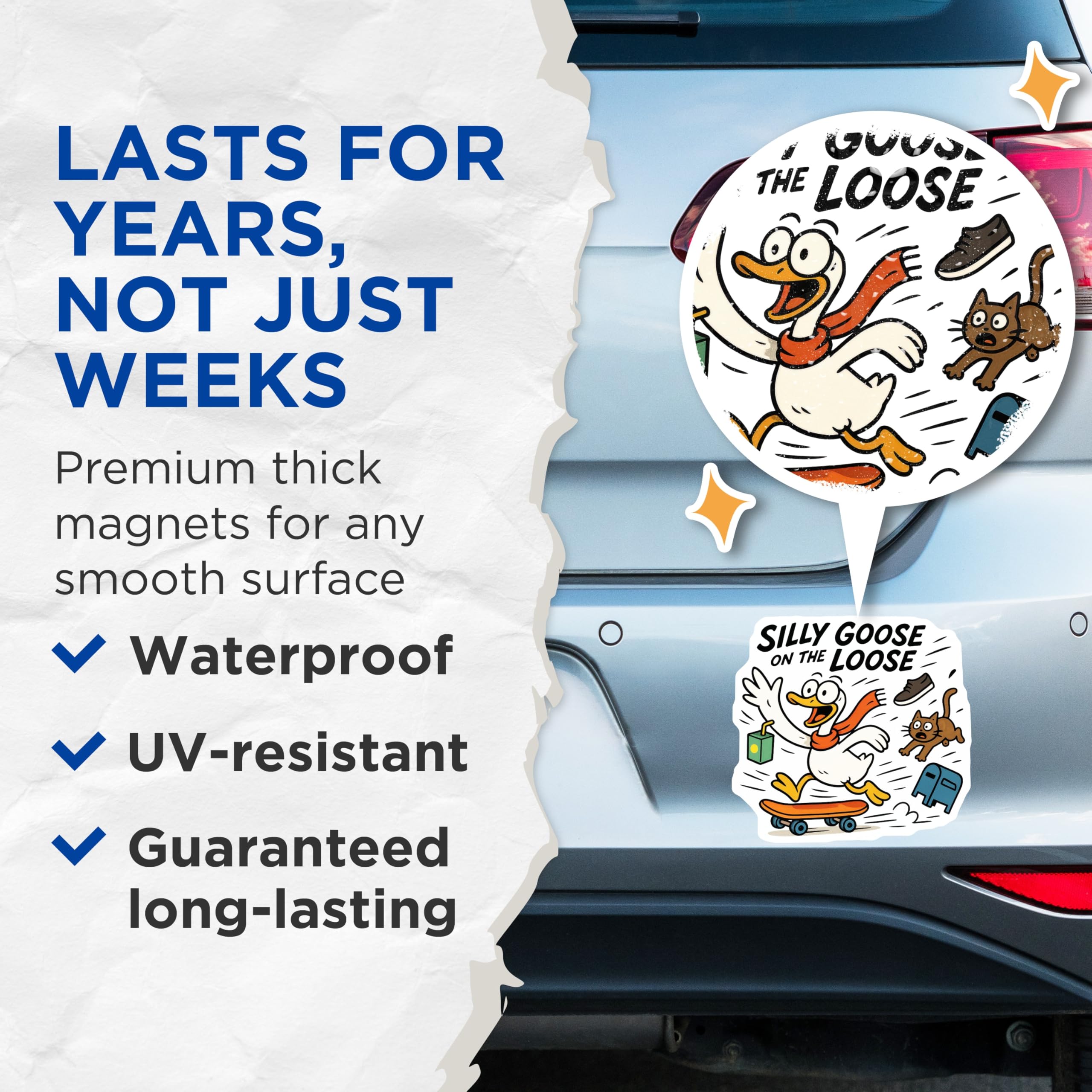 (2 Pack) Silly Goose On The Loose Magnets - Humorous Cartoon Animal Refrigerator Magnet - Skateboard Goose Cat Mailbox Scene - 5 Inches On Longest Side - Thick Durable Magnet - Made in USA - MAG22215