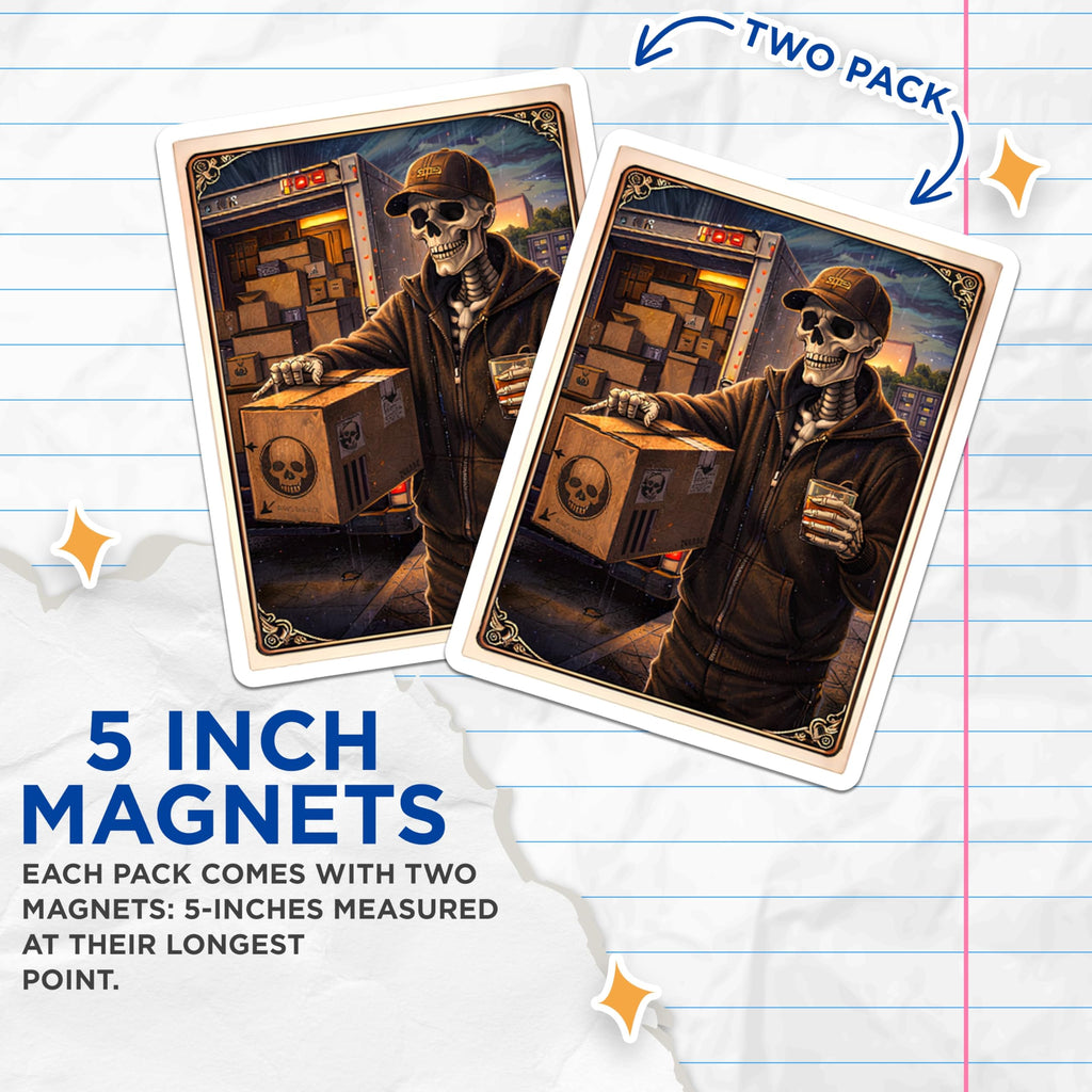(2 Pack) Skeleton Worker Magnets - Skull Motif Magnets - Post Mortem Delivery Magnet - 5" On Longest Side - Premium Magnet - for Cars, Refrigerators, Toolboxes, Lockers - Made in USA - MAG15625