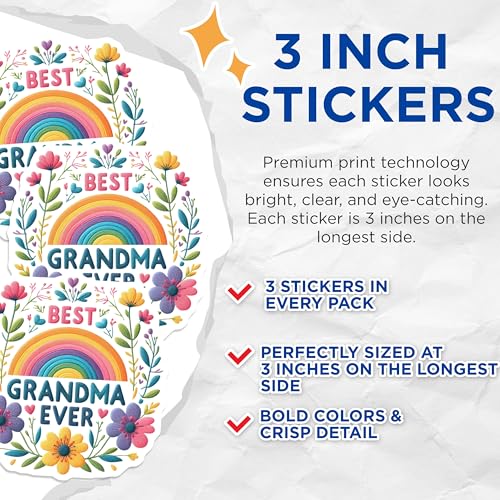 (3 Pack) Best Grandma Ever Decals - Rainbow Grandma Decal - Floral Grandma Laptop Decals- 3 Inches On Longest Side - Easy Peel & Apply - Made in USA - 3MCS5844