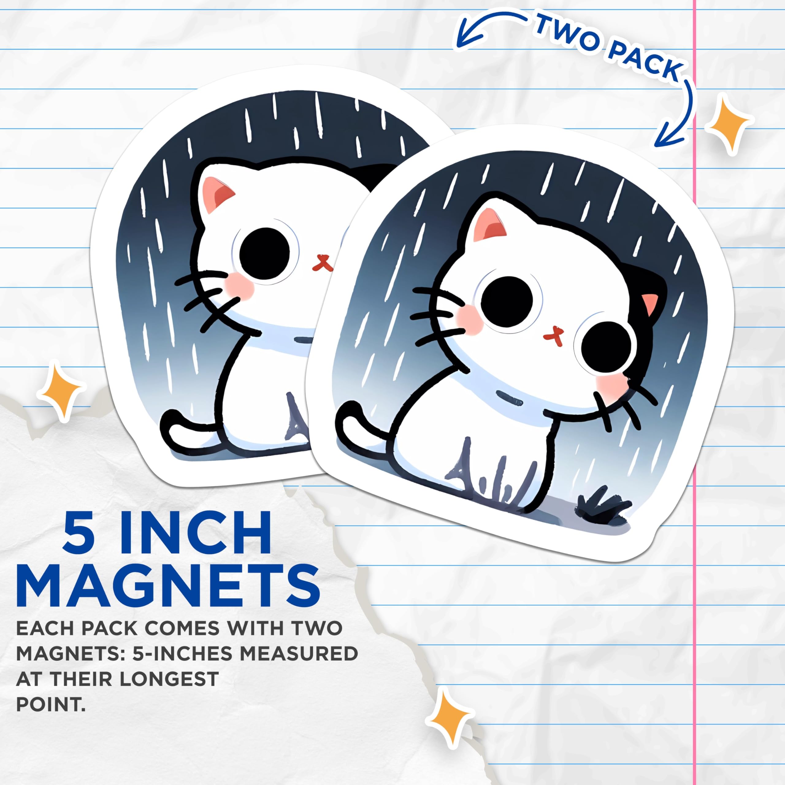 (2 Pack) Kawaii Rainy Cat Magnets - Adorable Chibi Kitten Decor - Sweet Melancholy Pet Fridge Accessory - Cute Animal Art - 5 Inches On Longest Side - Thick Durable Magnet - Made in USA - MAG20490