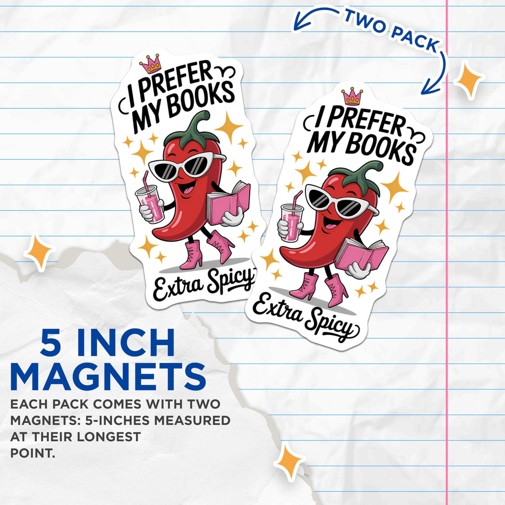 (2 Pack) Spicy Books Magnets - Chili Pepper Reader Decor - Humorous Literary Accent - Unique Kitchen Magnet - 5 Inches On Longest Side - Thick Durable Magnet - Made in USA - MAG20862