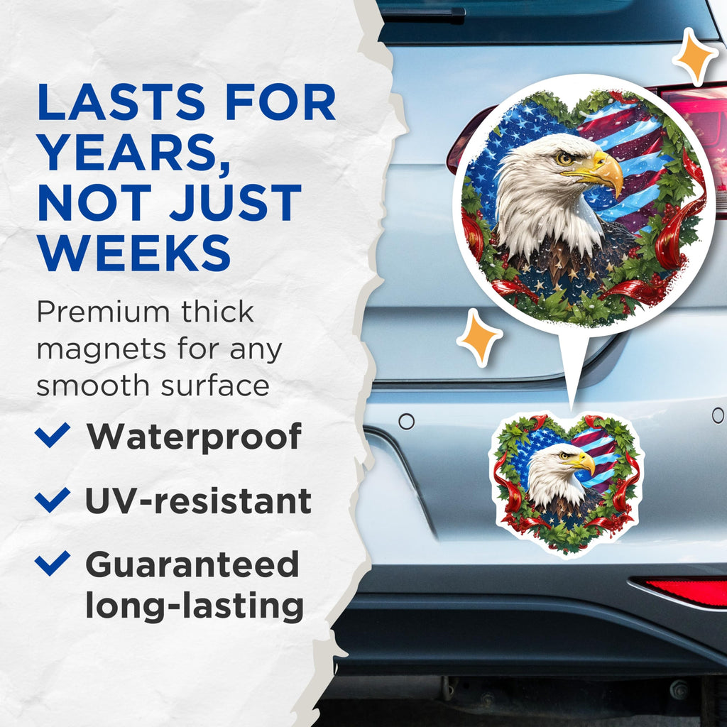 (2 Pack) Bald Eagle Magnets - American Flag Heart Wreath Design - Patriotic USA Symbolism - Freedom Spirit Home Decoration - 5 Inches On Longest Side - Thick Durable Magnet - Made in USA - MAG21111