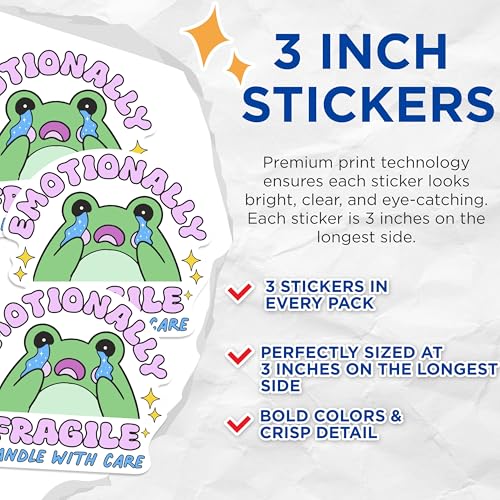 (3 Pack) Emotionally Fragile Decals - Crying Frog - Handle with Care Sticker - 3 Inches On Longest Side - Easy Peel & Apply - Made in USA - 3MCS0227