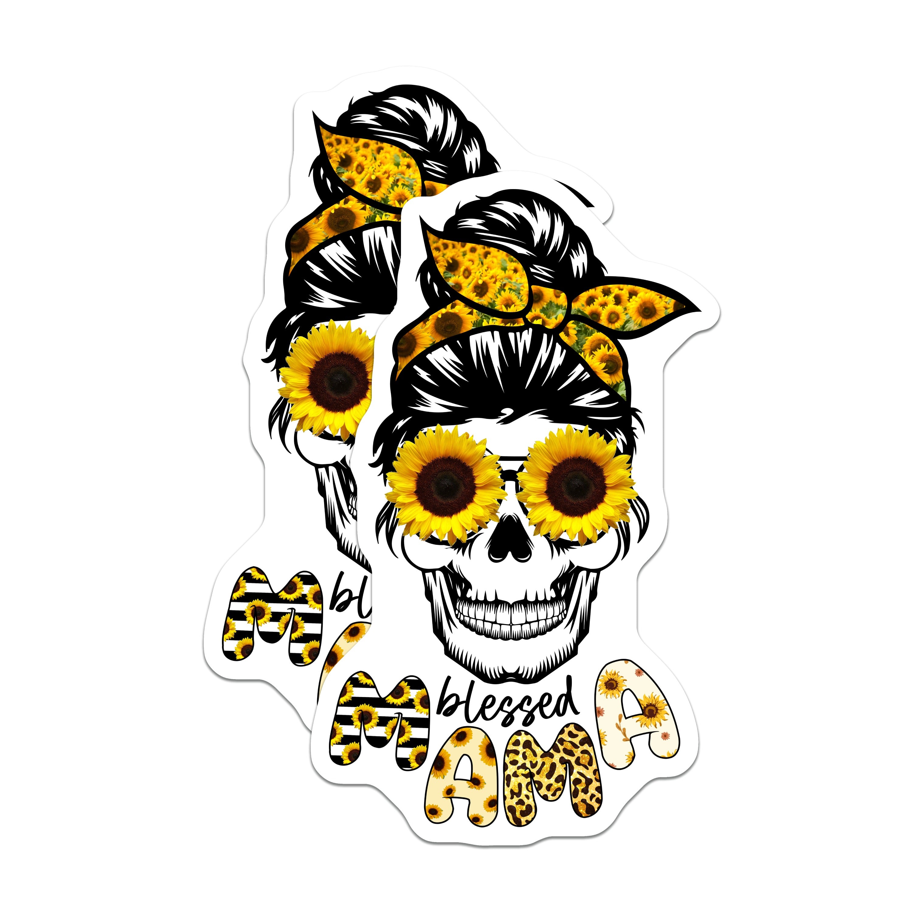 (2 Pack) Blessed Mama Skull Magnets - Sunflower Messy Bun Mom Life - Boho Leopard Print Refrigerator Decor - 5 Inches On Longest Side - Thick Durable Magnet - Made in USA - MAG39244