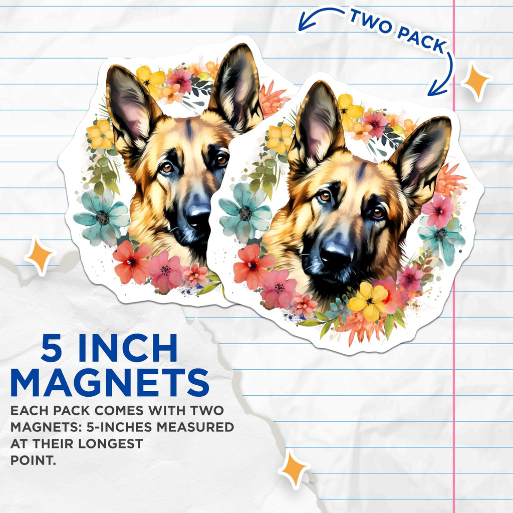 (2 Pack) German Shepherd Magnets - Floral Dog Decor - Pet Lover Home Accent - 5 Inches On Longest Side - Thick Durable Magnet - Made in USA - MAG30418