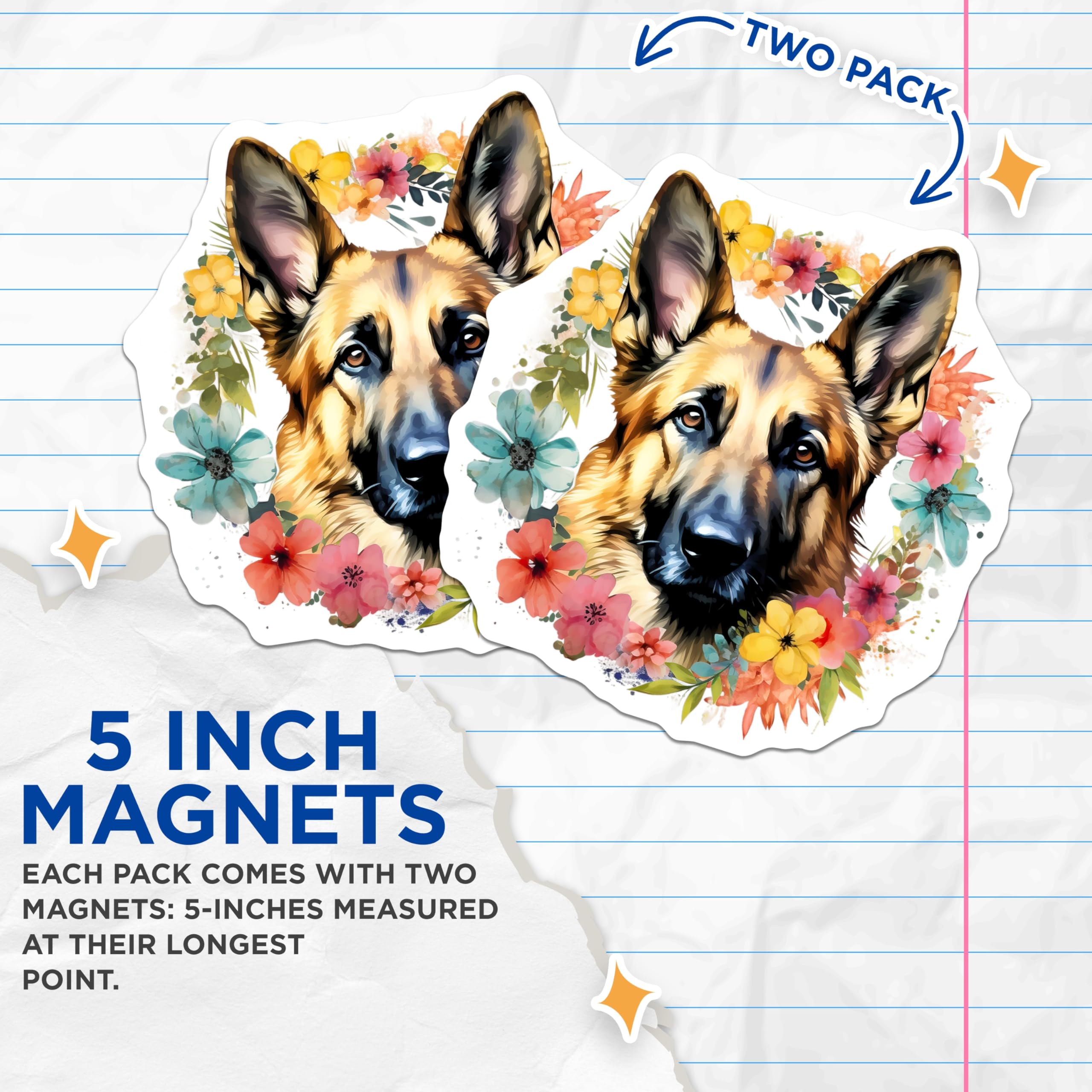 (2 Pack) German Shepherd Magnets - Floral Dog Decor - Pet Lover Home Accent - 5 Inches On Longest Side - Thick Durable Magnet - Made in USA - MAG30418