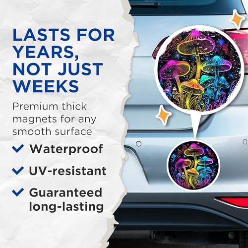 (2 Pack) Psychedelic Mushroom Art Magnets - Neon Mushroom Decor - Trippy Kitchen Accessories - 5" On Longest Side - for Cars, Fridges, Toolboxes - Made in USA - MAG6786