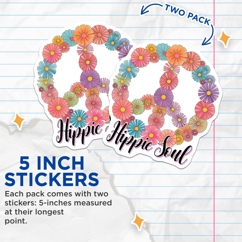 (2 Pack) Hippie Soul Stickers - Floral Peace Sign Stickers - Retro 70s Stickers - 5" On Longest Side - Sticks to Smooth Flat Surfaces - Made in USA - BMCS15074