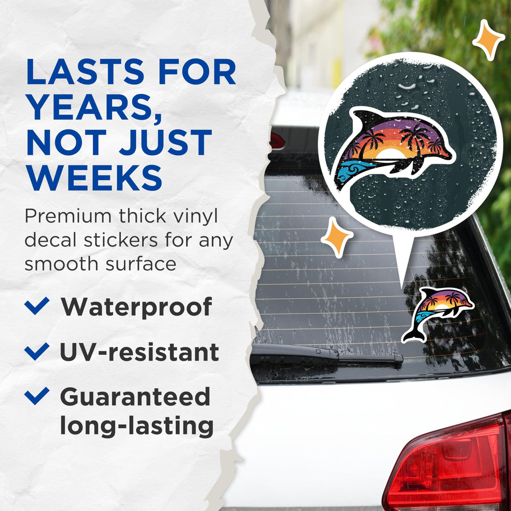 (2 Pack) Dolphin Sunset Stickers - Beach Scene Stickers - Ocean Sunset Art - Tropical Dolphin Decals - 5" On Longest Side - Sticks to Smooth Flat Surfaces - Made in USA - BMCS4854