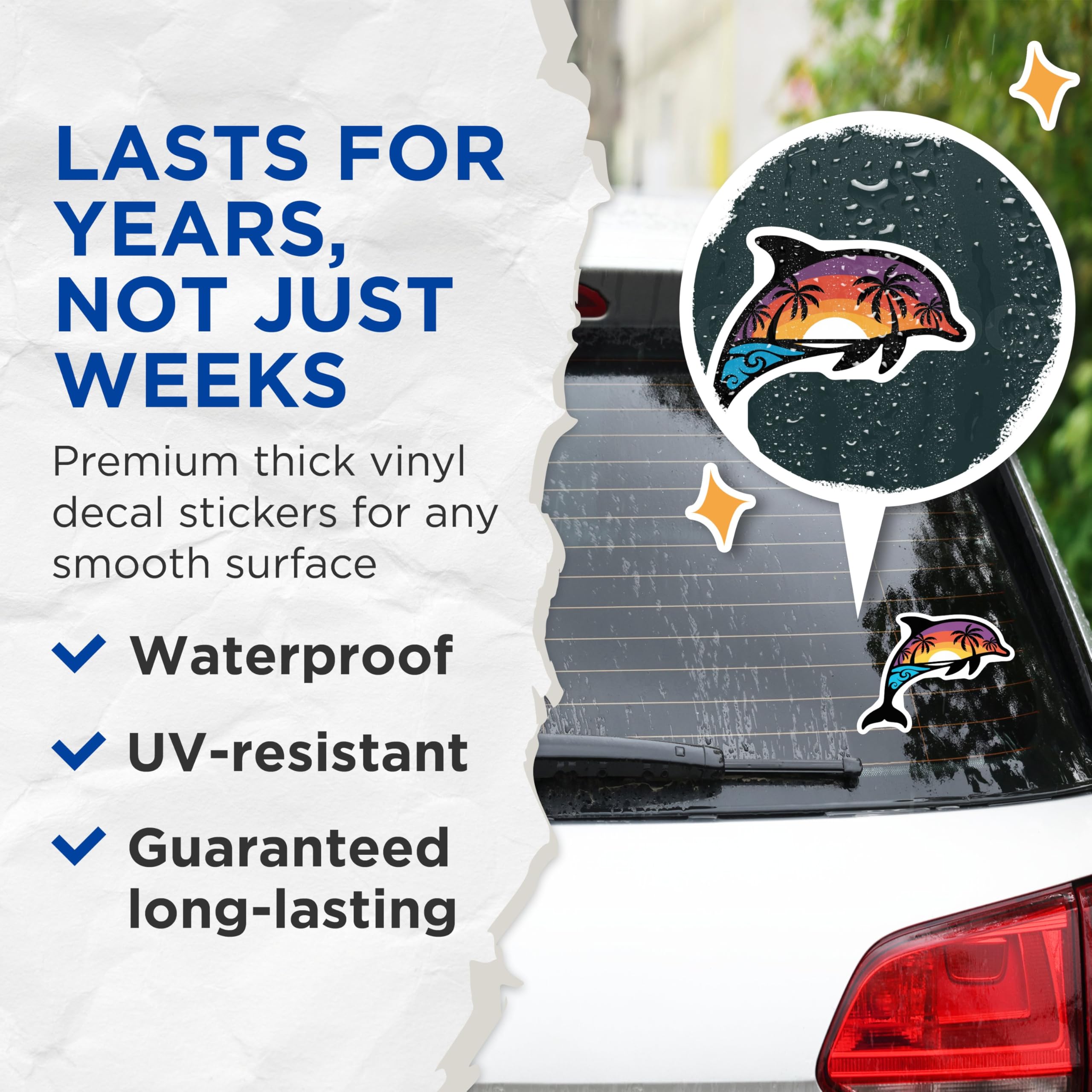 (2 Pack) Dolphin Sunset Stickers - Beach Scene Stickers - Ocean Sunset Art - Tropical Dolphin Decals - 5" On Longest Side - Sticks to Smooth Flat Surfaces - Made in USA - BMCS4854