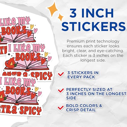 (3 Pack) Spicy Book Decals - Reader Decal - Book Lover - Laptop Decals - 3 Inches On Longest Side - Easy Peel & Apply - Made in USA - 3MCS2700