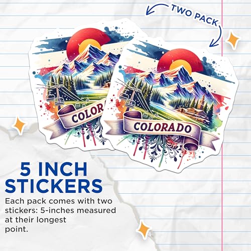 (2 Pack) Colorado Mountain Stickers - Illustrated Nature Scene - Travel Souvenir Decal - 5" On Longest Side - Sticks to Smooth Flat Surfaces - Made in USA - BMCS7006