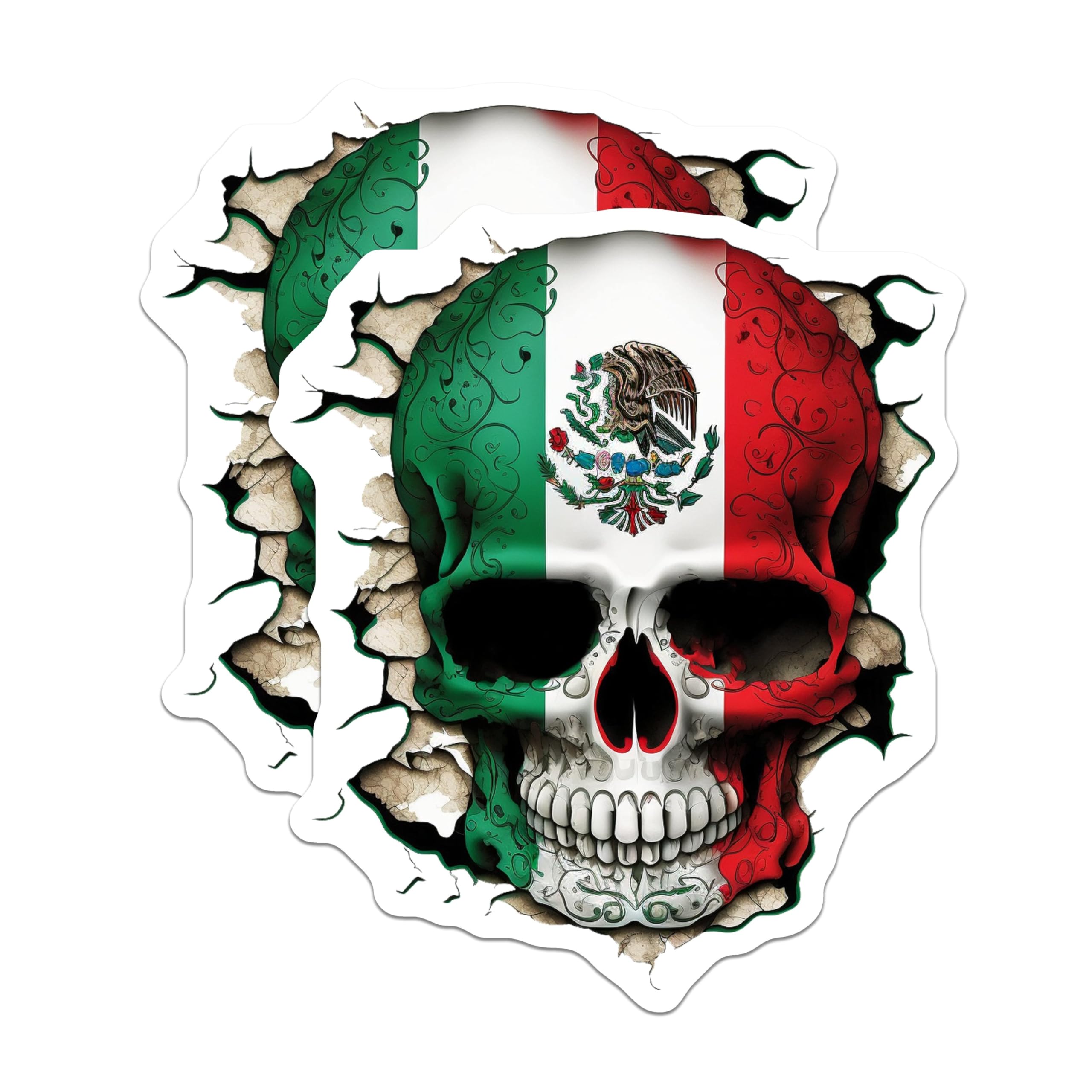 (2 Pack) Mexican Flag Skull Stickers - Day of The Dead Stickers - Mexican Pride Skull Stickers - 5" On Longest Side - Sticks to Smooth Flat Surfaces - Made in USA - BMCS5168