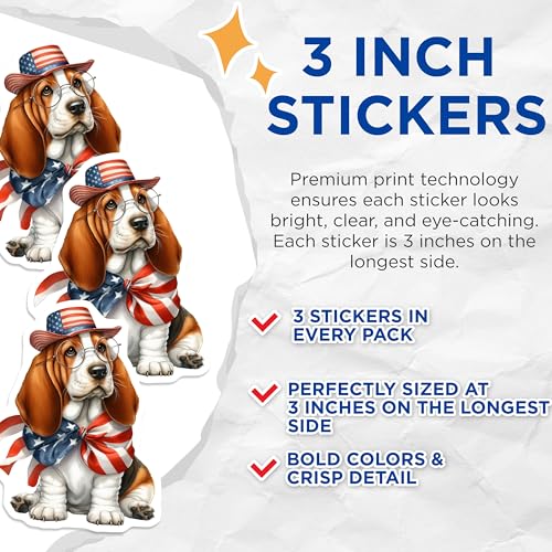 (3 Pack) Basset Hound Decals - Patriotic Dog - American Flag Decal- 3 Inches On Longest Side - Easy Peel & Apply - Made in USA - 3MCS5167