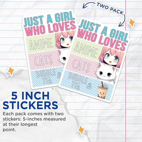 (2 Pack) Just A Girl Who Loves Anime Stickers - Cats - Bubble Tea - Cute Anime Girl - Kawaii - 5" On Longest Side - Sticks to Smooth Flat Surfaces - Made in USA - BMCS7761