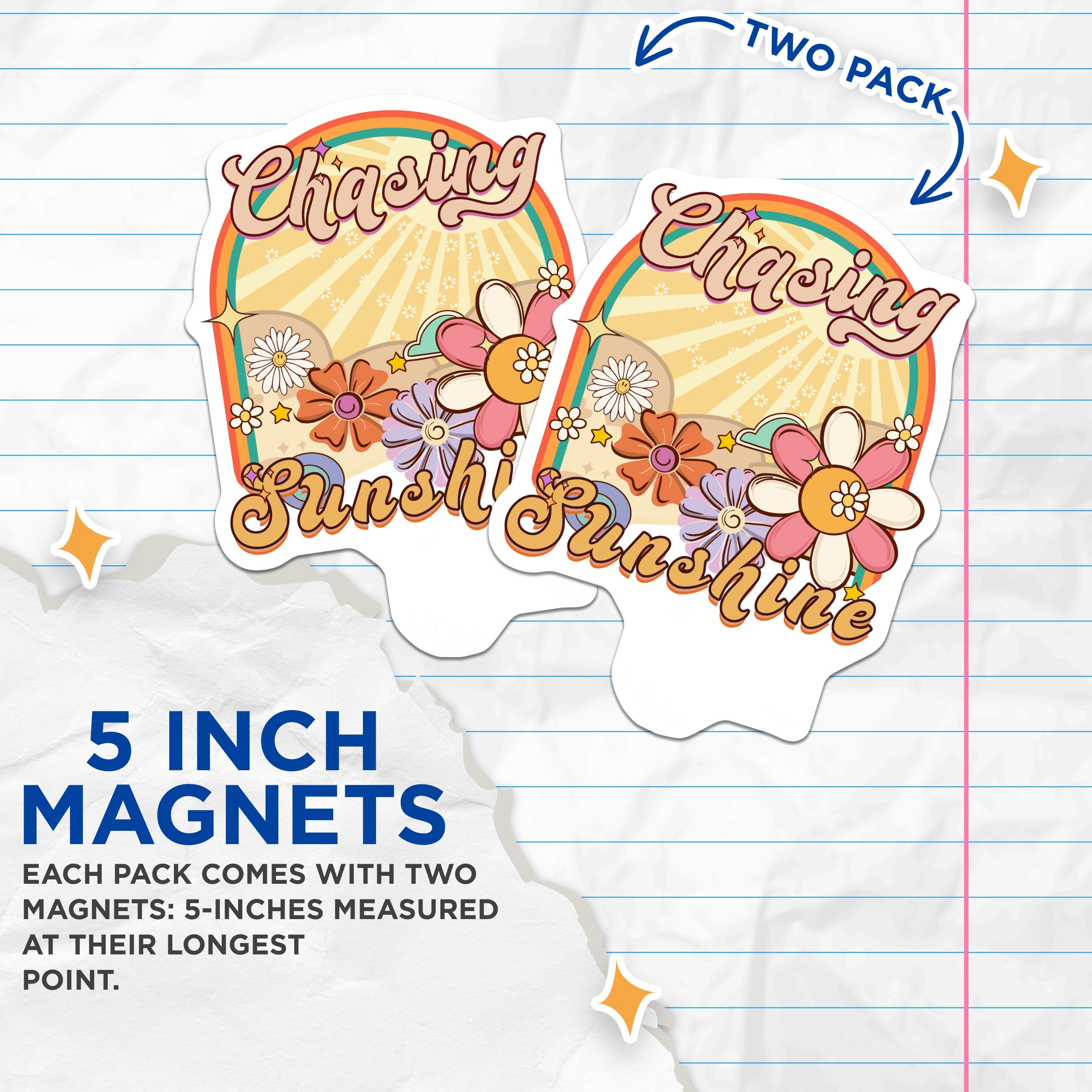 (2 Pack) Chasing Sunshine Magnets - Retro Daisy Flower Power - Positive Vibe 70s Aesthetic - 5 Inches On Longest Side - Thick Durable Magnet - Made in USA - MAG36910