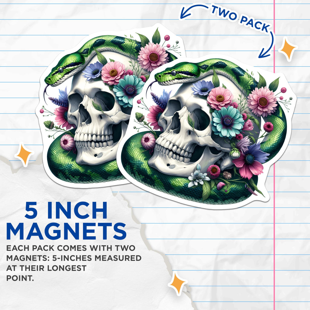 (2 Pack) Skull Snake Magnets - Floral Gothic Decor - Dark Botanical Aesthetic - 5 Inches On Longest Side - Thick Durable Magnet - Made in USA - MAG22870