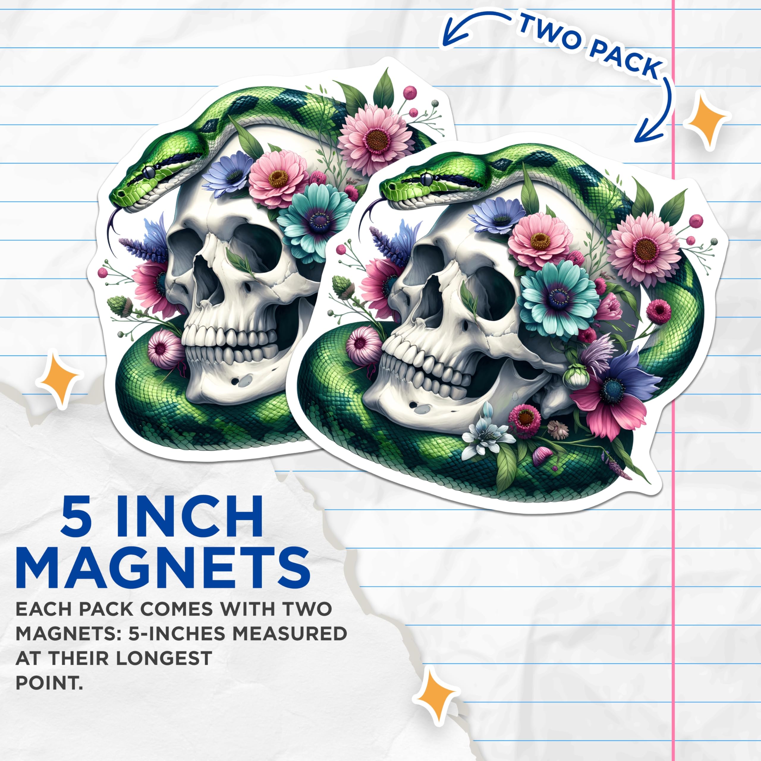 (2 Pack) Skull Snake Magnets - Floral Gothic Decor - Dark Botanical Aesthetic - 5 Inches On Longest Side - Thick Durable Magnet - Made in USA - MAG22870