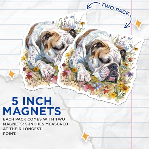(2 Pack) Bulldog Sleeping Magnets - Cute Dog Illustration - Floral Background Dog Decor - 5" On Longest Side - for Cars, Fridges, Toolboxes - Made in USA - MAG7222