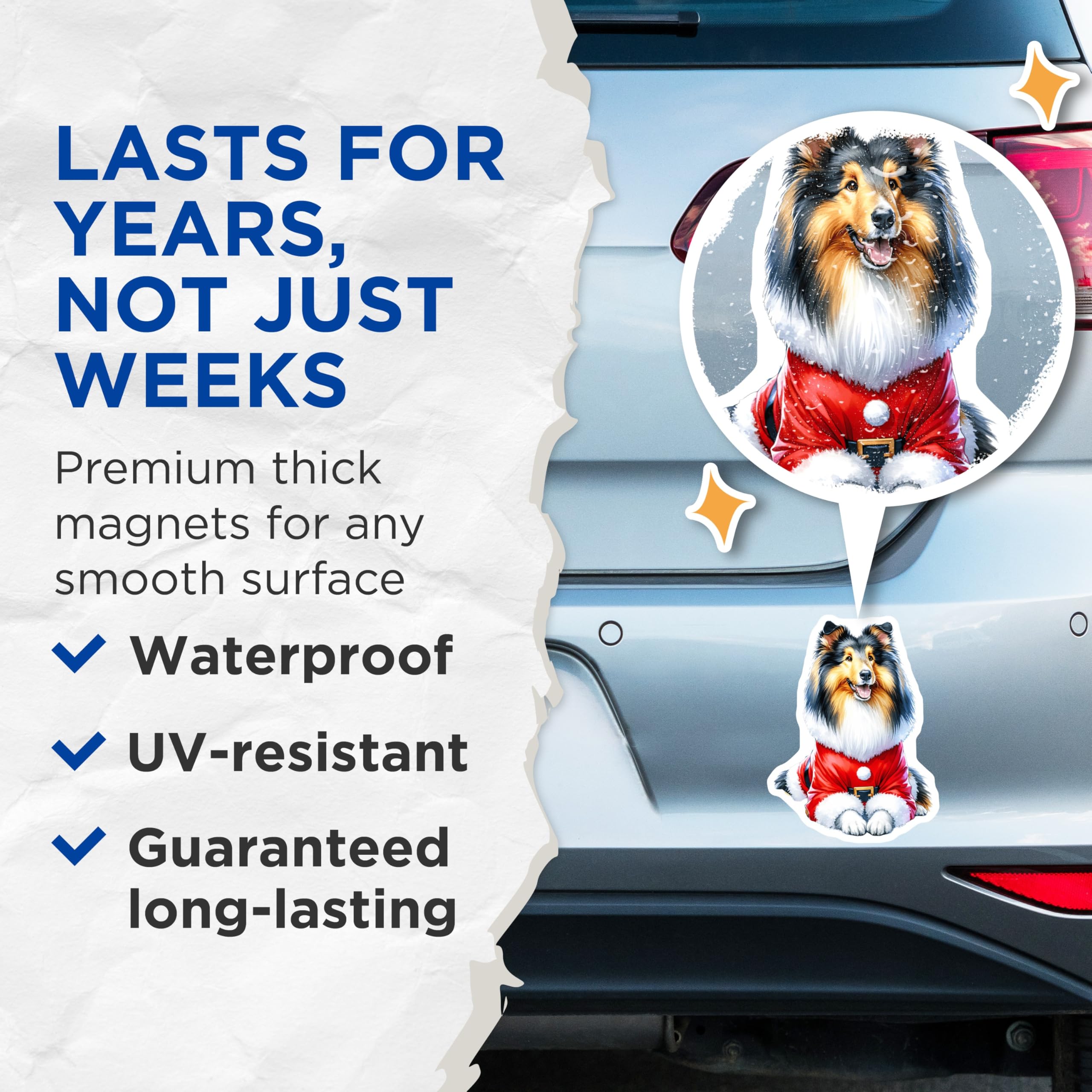 (2 Pack) Rough Collie Santa Dog Magnets - Festive Pet Lover Refrigerator Decor - Christmas Stocking Stuffers for Dog Owners - 5 Inches On Longest Side - Thick Durable Magnet - Made in USA - MAG27611