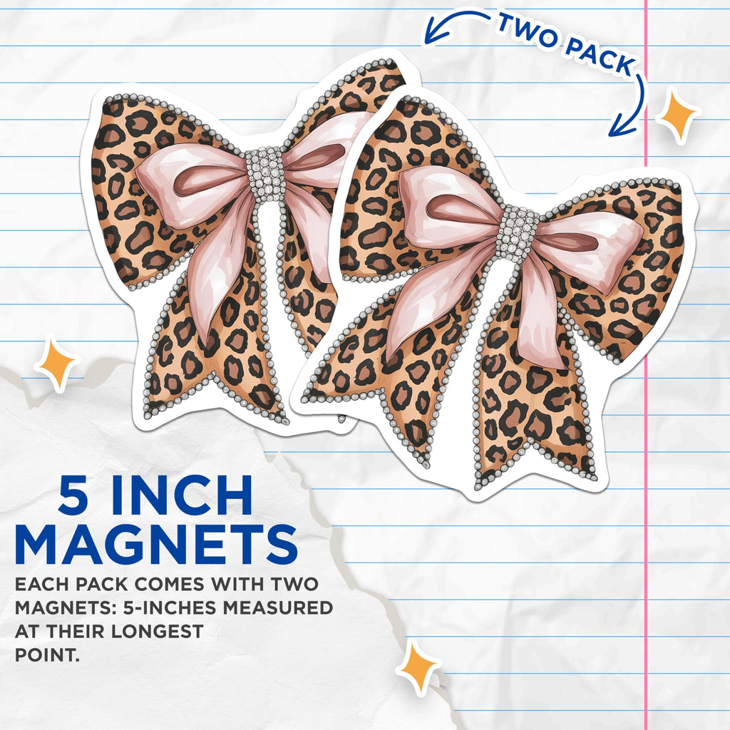 (2 Pack) Leopard Print Bow Magnets - Pink Ribbon Glamour - Pearl Detail Decor - Chic Animal Print Refrigerator Magnet - 5 Inches On Longest Side - Thick Durable Magnet - Made in USA - MAG20437