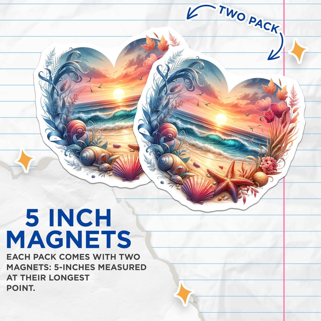 (2 Pack) Beach Sunset Magnets - Coastal Decor - Ocean Heart Fridge Magnets - 5" On Longest Side - Premium Magnet - for Cars, Refrigerators, Toolboxes, Lockers - Made in USA - MAG15028