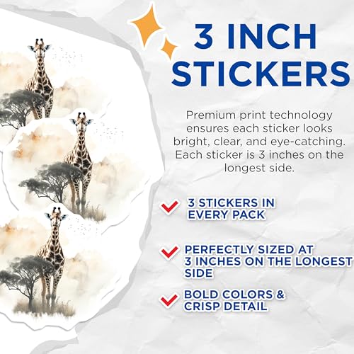 (3 Pack) Giraffe Decals - Safari Animals - Laptop Decals - 3 Inches On Longest Side - Easy Peel & Apply - Made in USA - 3MCS2583