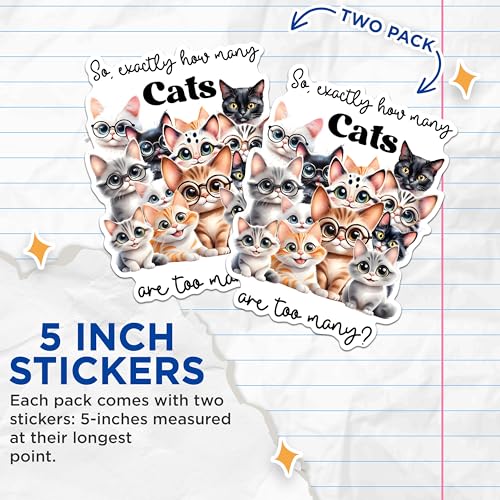 (2 Pack) Funny Cat Lover Stickers - Cute Cat Illustration Stickers - How Many Cats are Too Many Stickers - 5" On Longest Side - Sticks to Any Smooth Flat Surface - Made in USA - BMCS2937