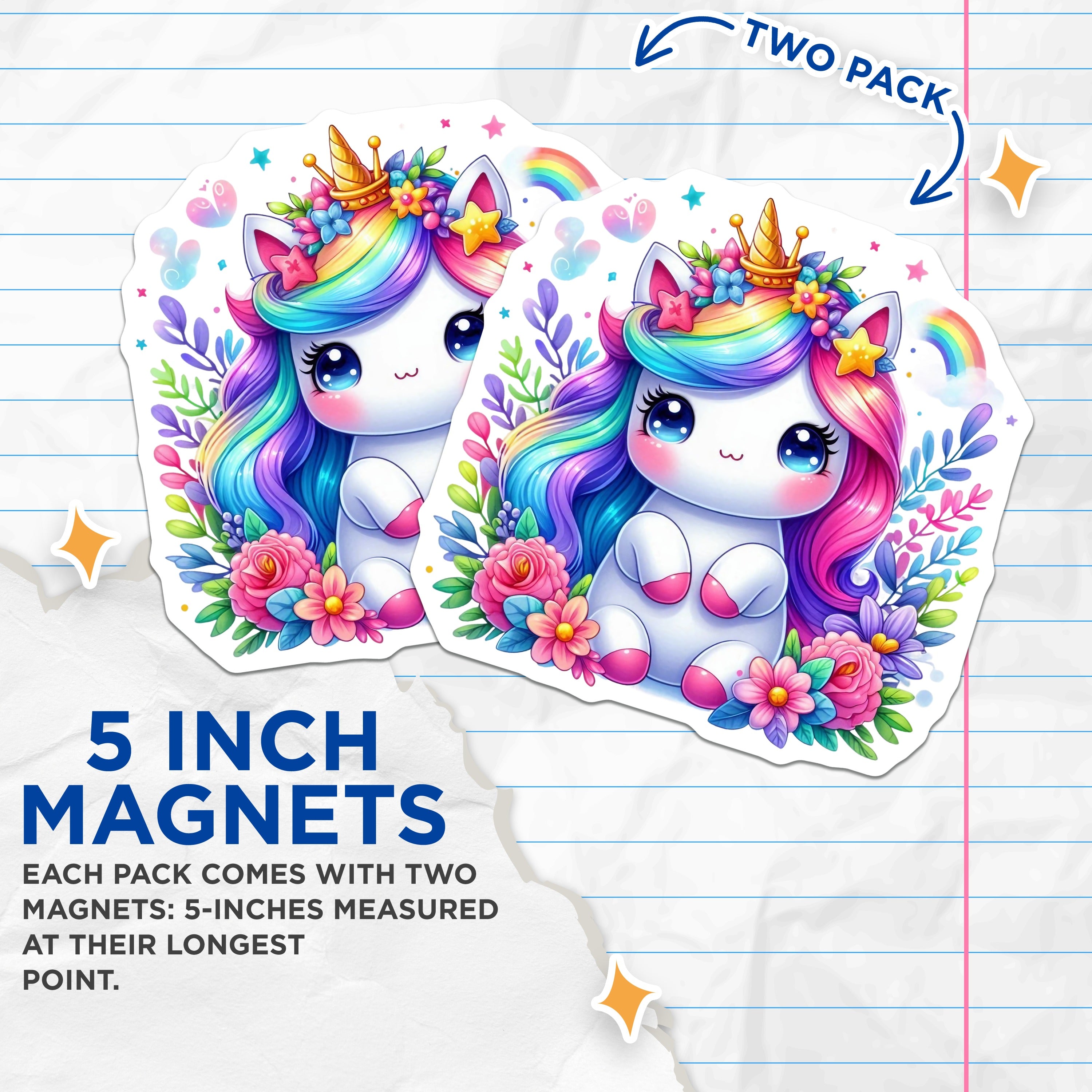 (2 Pack) Cute Unicorn Magnets - Kawaii Rainbow Fantasy Decor - Kids Room Locker Fridge Aesthetic Magnets - 5 Inches On Longest Side - Thick Durable Magnet - Made in USA - MAG38669