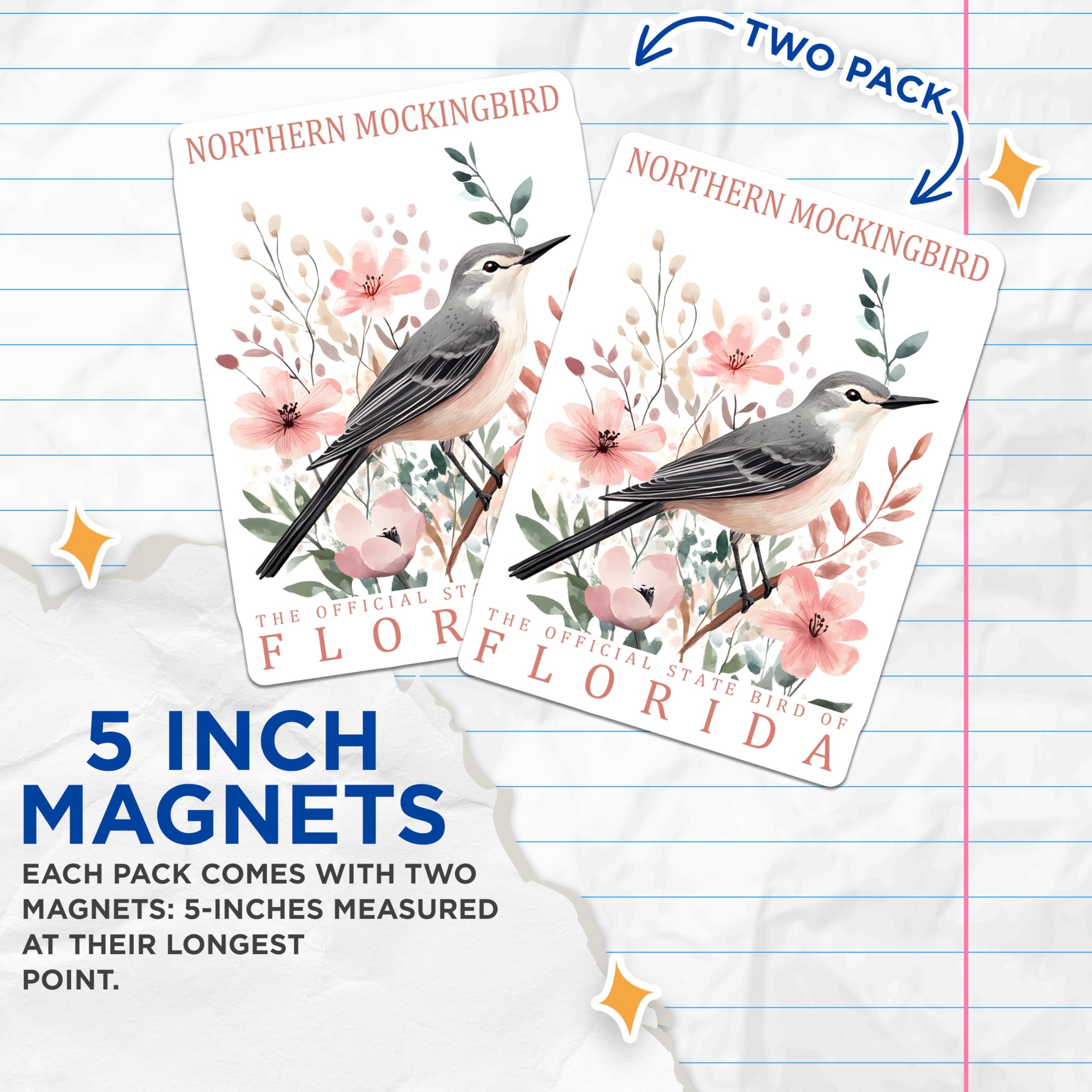 (2 Pack) Northern Mockingbird Magnets - Florida State Bird Decor - Bird Lover Present - 5" On Longest Side - Premium Magnet - for Cars, Refrigerators, Toolboxes, Lockers - Made in USA - MAG18028