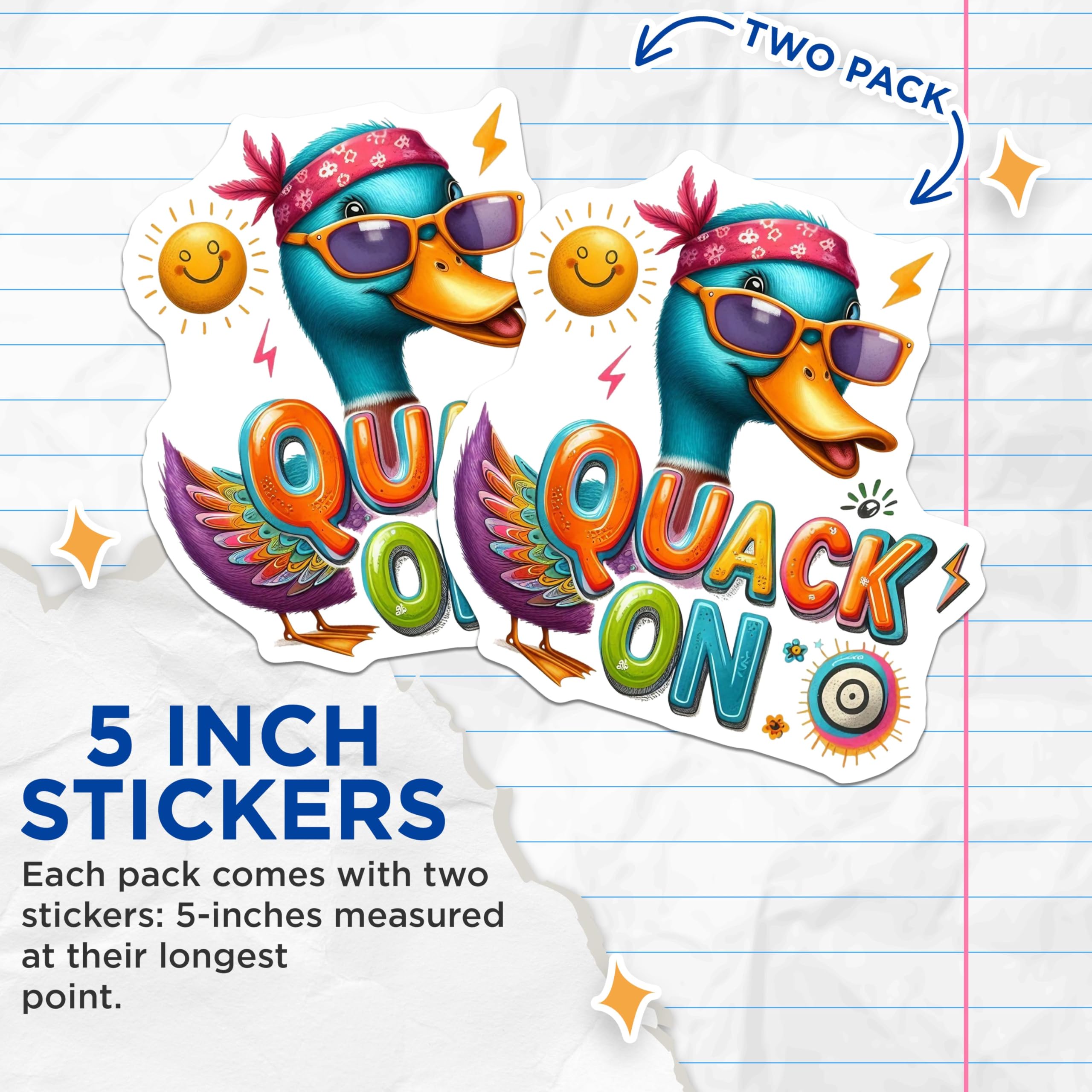 (2 Pack) Quack On Stickers - Funny Duck Stickers - Cute Cartoon Animal Stickers - 5" On Longest Side - Sticks to Smooth Flat Surfaces - Made in USA - BMCS6346