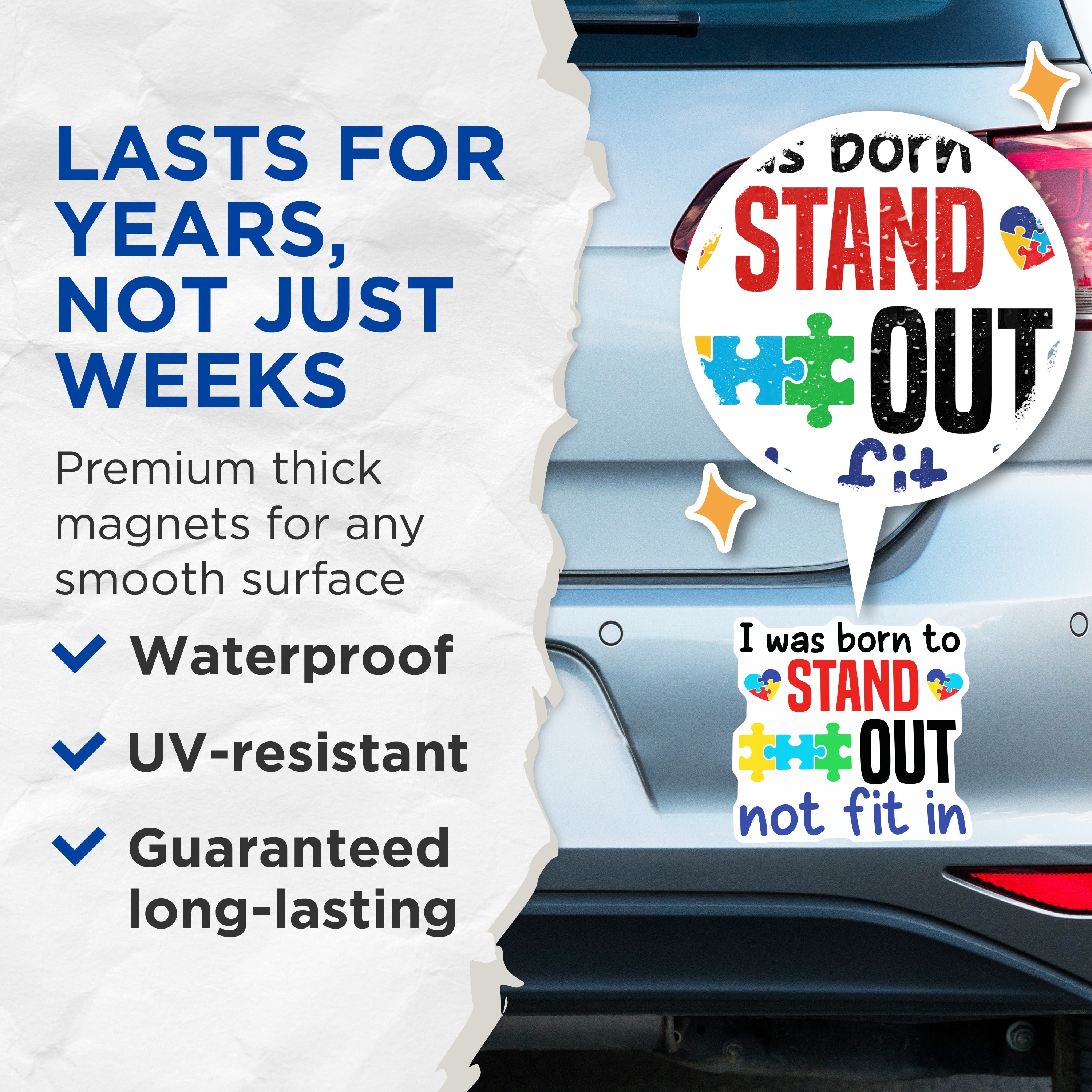 (2 Pack) Autism Awareness Magnets - Neurodiversity Acceptance - Stand Out Quote - Puzzle Heart Design - 5 Inches On Longest Side - Thick Durable Magnet - Made in USA - MAG38619