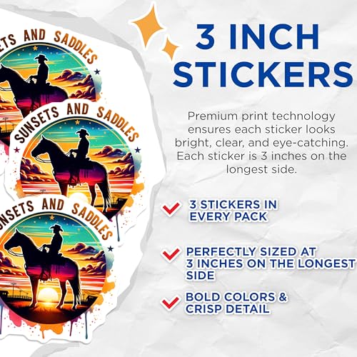 (3 Pack) Cowboy Horse Decals - Sunset and Saddles Stickers - Western Laptop Art- 3 Inches On Longest Side - Easy Peel & Apply - Made in USA - 3MCS5186