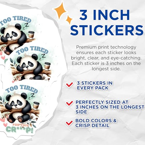 (3 Pack) Tired Panda Decals - Funny Panda Decal - Sarcastic Animal Humor- 3 Inches On Longest Side - Easy Peel & Apply - Made in USA - 3MCS5474