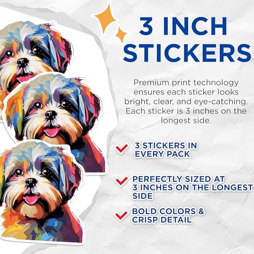 (3 Pack) Shih Tzu Dog Decals - Colorful Pet Stickers - Puppy Laptop Decal - 3 Inches On Longest Side - Easy Peel & Apply - Made in USA - 3MCS0826