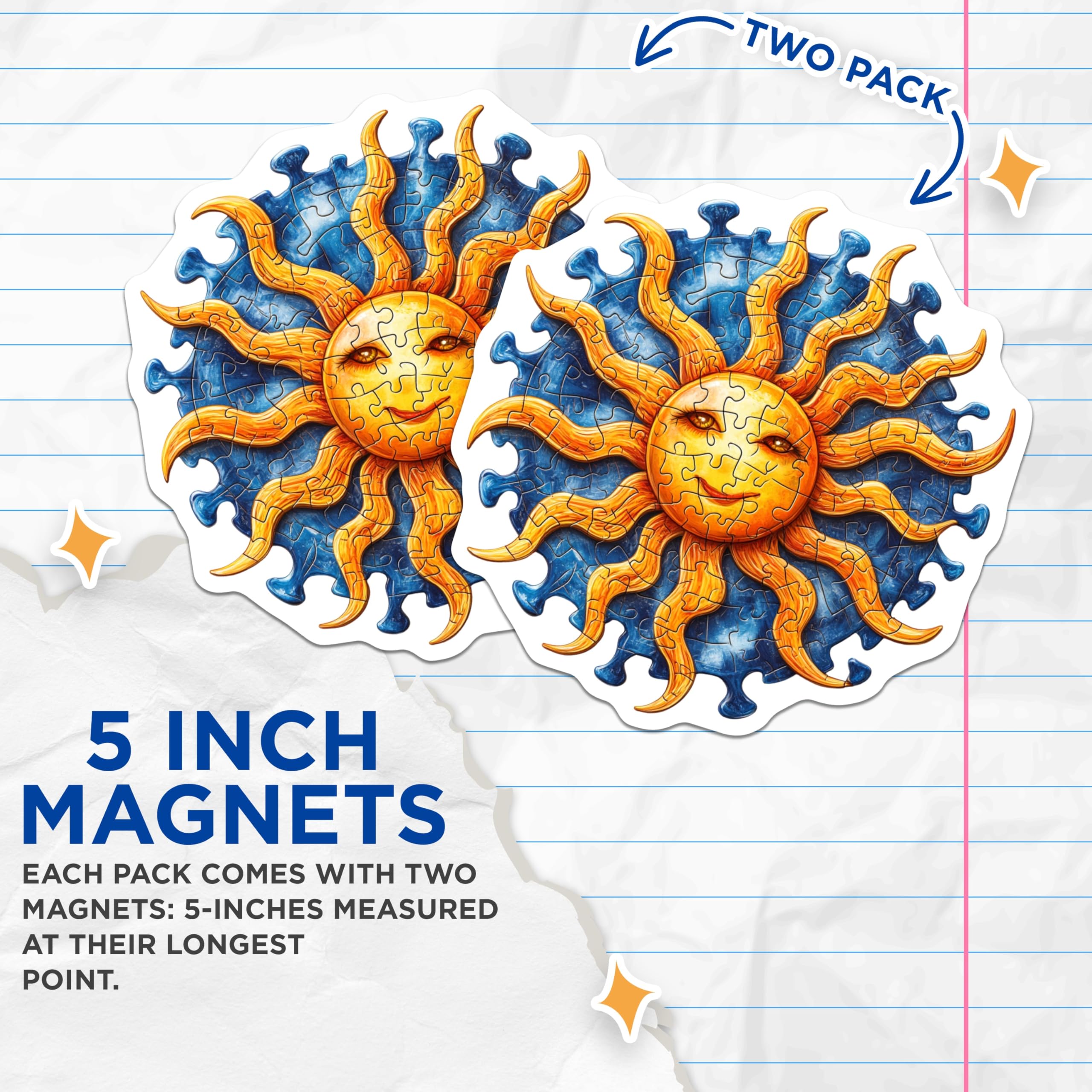 (2 Pack) Whimsical Sun Puzzle Magnets - Bright Celestial Art - Unique Fridge Decor Housewarming Present - 5 Inches On Longest Side - Thick Durable Magnet - Made in USA - MAG26165