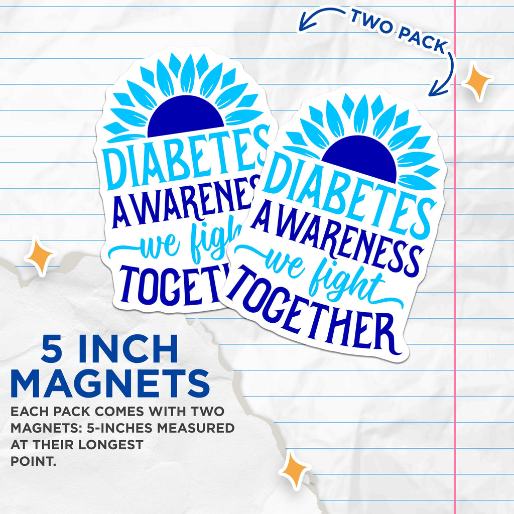 (2 Pack) Diabetes Awareness Magnets - We Fight Together Support - Blue Ribbon Advocacy Decor - 5 Inches On Longest Side - Thick Durable Magnet - Made in USA - MAG37601