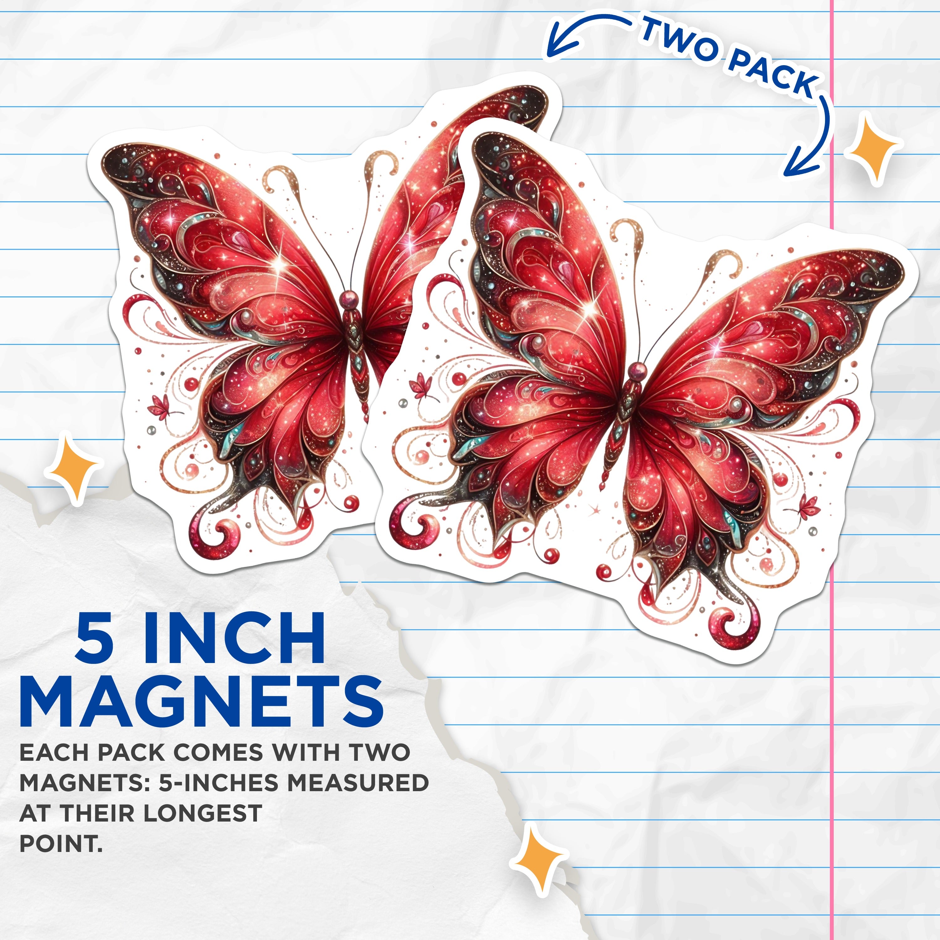 (2 Pack) Red Butterfly Magnets - Sparkling Celestial Decor - Whimsigoth Aesthetic Fridge Locker Art - 5 Inches On Longest Side - Thick Durable Magnet - Made in USA - MAG36105