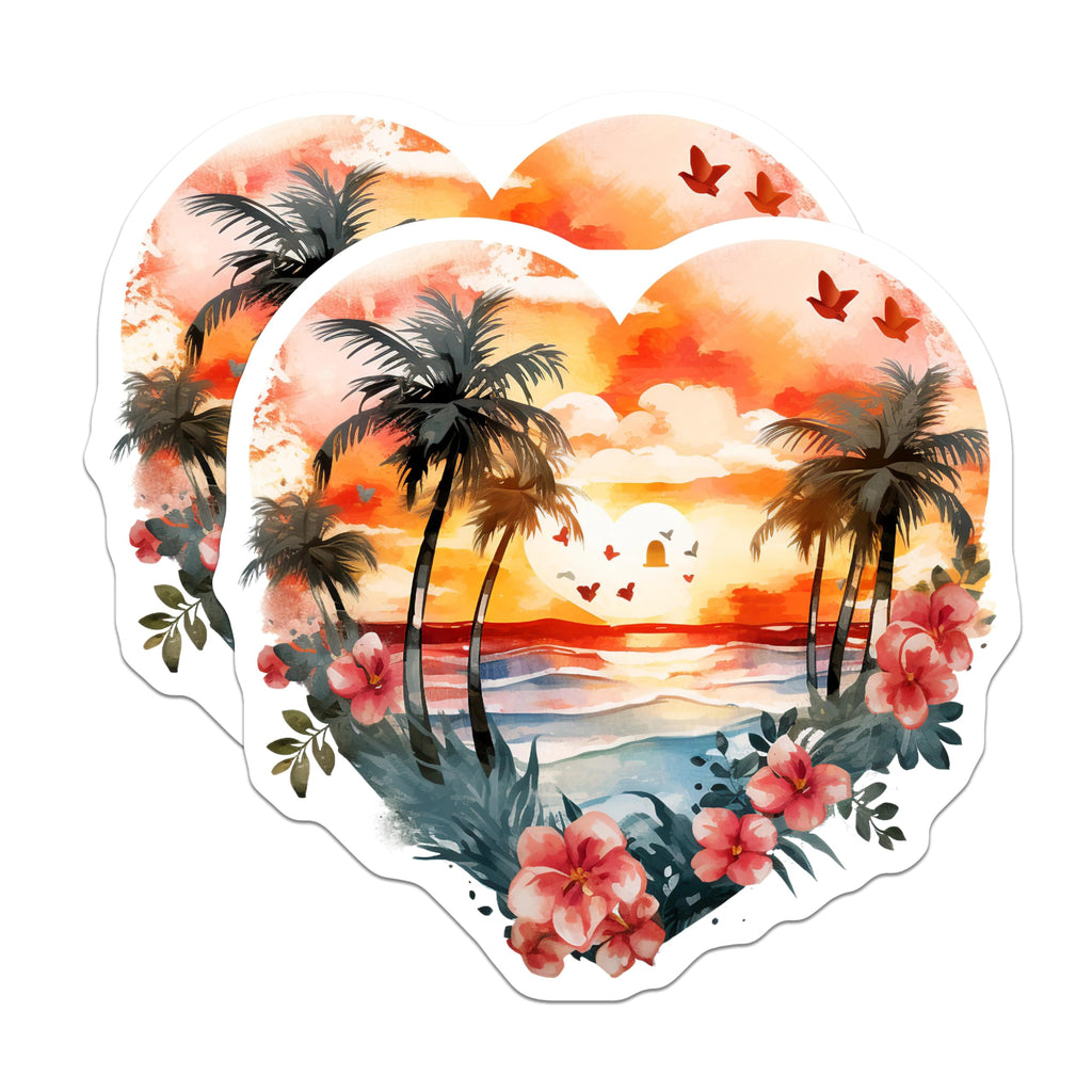(2 Pack) Tropical Sunset Magnets - Heart Shaped Ocean Art - Palm Tree Beach Watercolor Scene - Romantic Island Decor - 5 Inches On Longest Side - Thick Durable Magnet - Made in USA - MAG19729