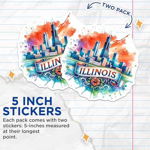 (2 Pack) Illinois Cityscape Stickers - Chicago Skyline Art - Illinois Travel Decal - 5" On Longest Side - Sticks to Smooth Flat Surfaces - Made in USA - BMCS7007