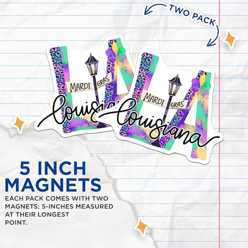 (2 Pack) Louisiana Mardi Gras Magnets - New Orleans - Colorful Louisiana Magnets - 5" On Longest Side - for Cars, Fridges, Toolboxes - Made in USA - MAG4121