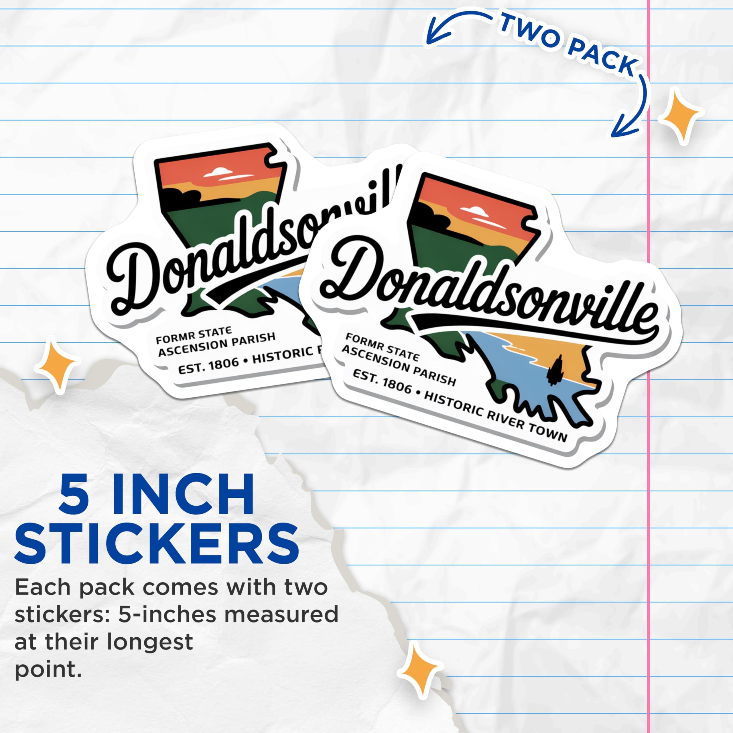 (2 Pack) Donaldsonville Louisiana Stickers - City Souvenir - Historic River Town Decals - 5" On Longest Side - Sticks to Smooth Flat Surfaces - Made in USA - BMCS18861
